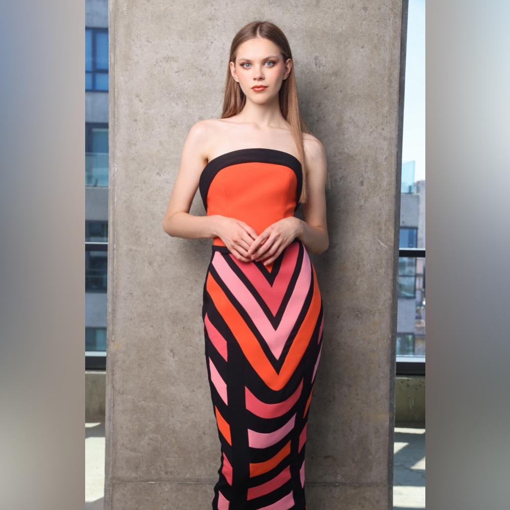 Multi color crepe midi length strapless dress